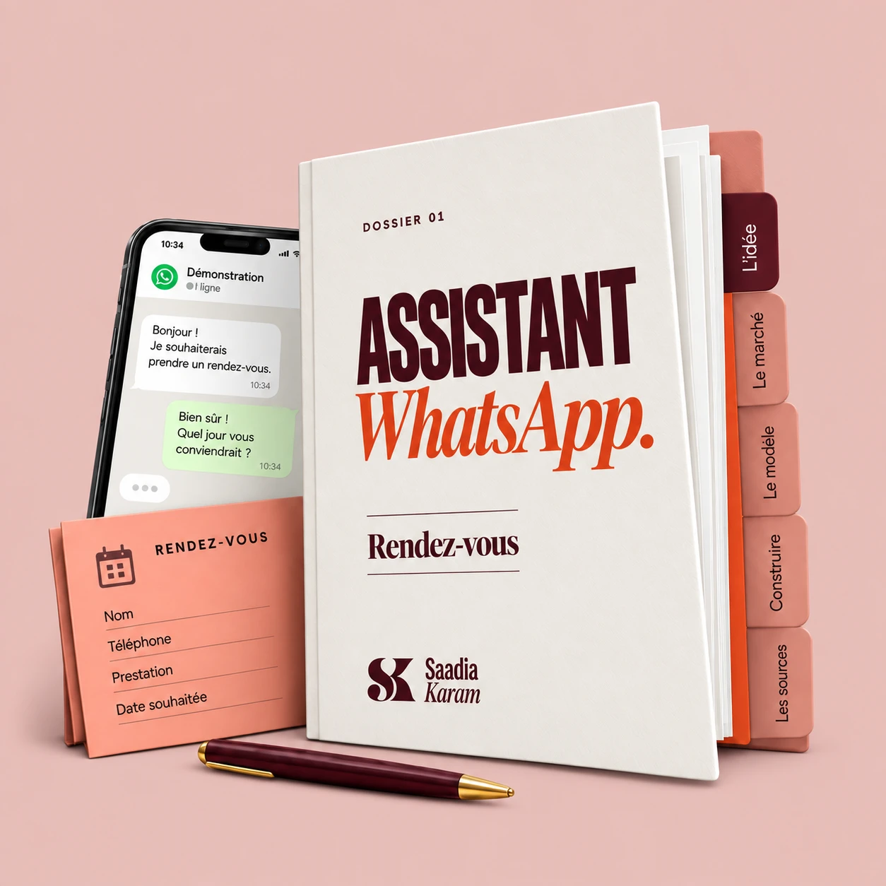 Dossier Assistant WhatsApp, téléphone de démonstration et fiche de rendez-vous.