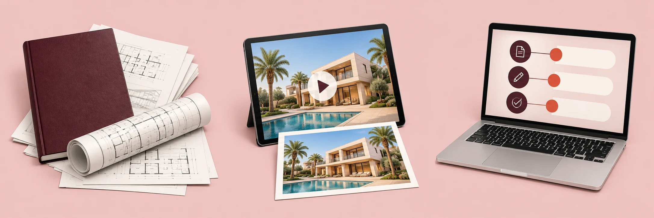 Dossier de programme, documents et plans roulés. Tablette et tirage d’un visuel immobilier d’intention. Ordinateur illustrant un flux de demande, brouillon et validation.